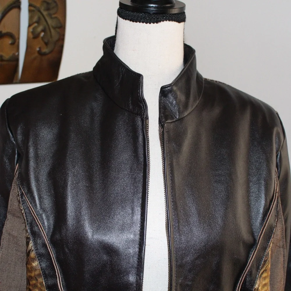 Koos Of Course, Vintage fitted brown leather and Tweed jacket - Picture 3 of 11